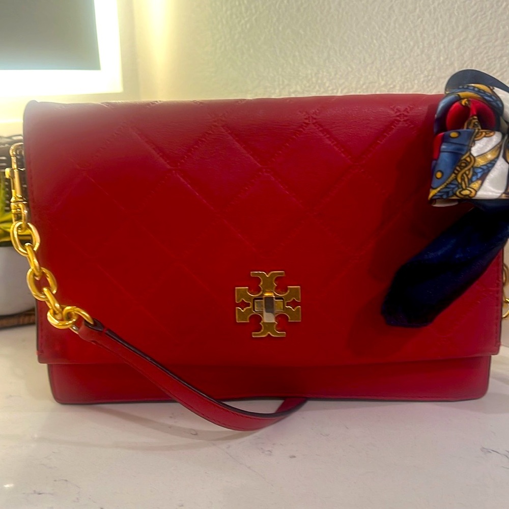 Tory Burch Red Georgia Crossbody liberty Quilted Bag with Gold Emblem.